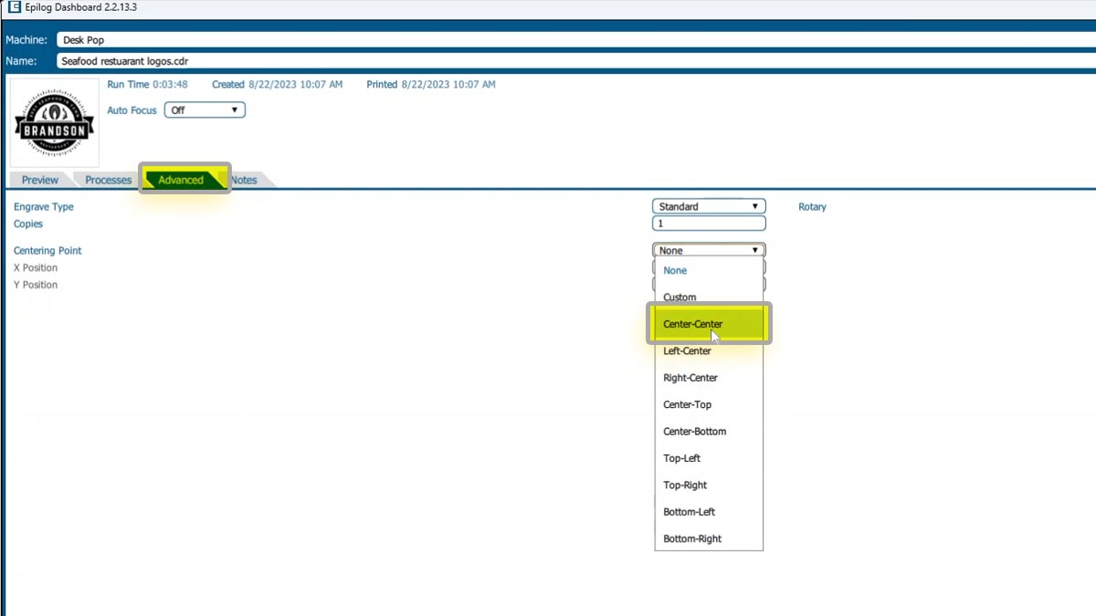 location of center center setting