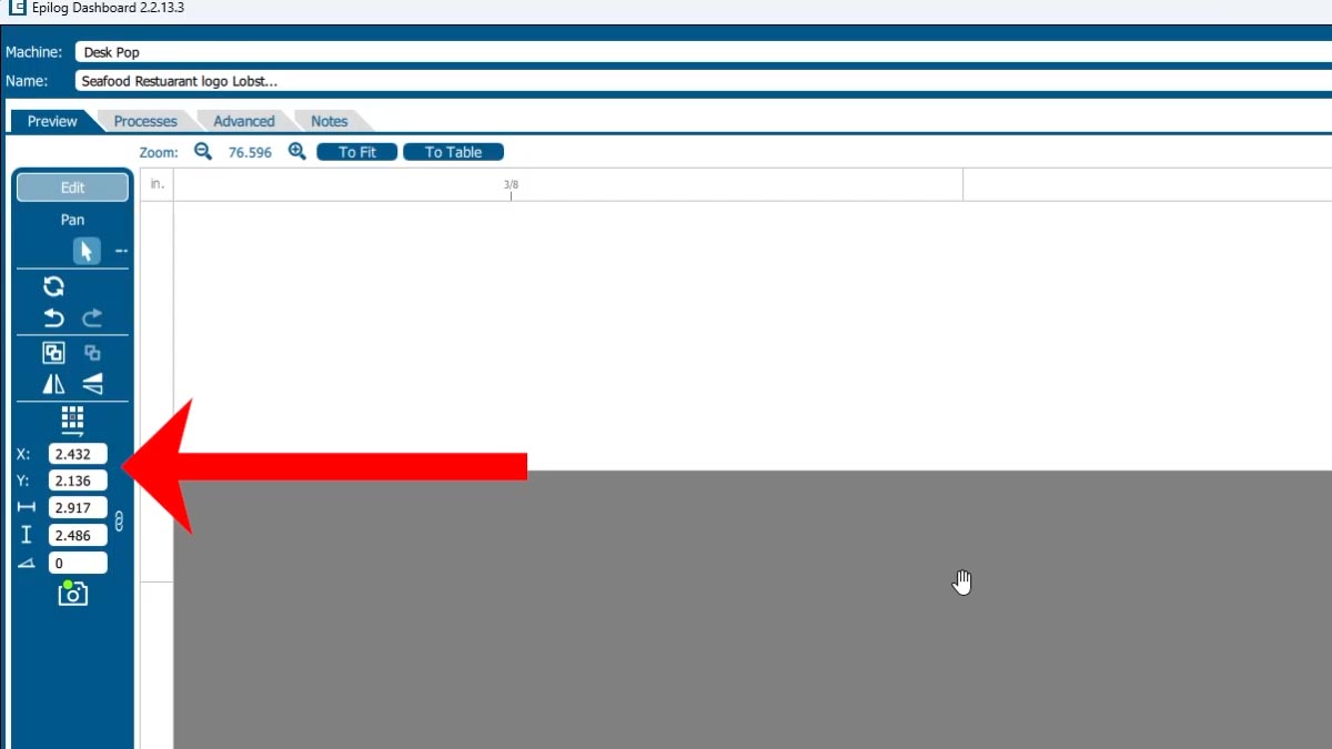 Find the X Y coordinates Place the cursor over the center point and we can see the X Y coordinates