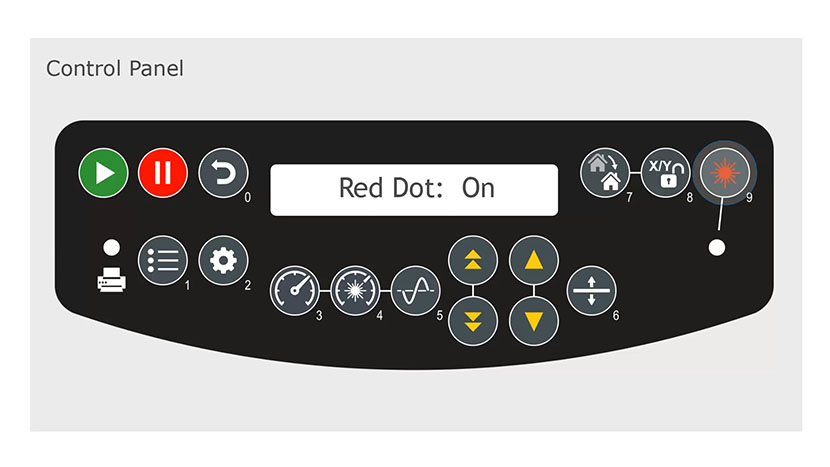 The Red Dot Pointer button toggles the red dot pointer, which shows where the laser will fire. The Red Dot Pointer displayed as 'On' in the control panel.