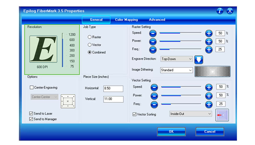 The Resolution settings control your engraving DPI. The Resolution settings in the Epilog FiberMark print driver.