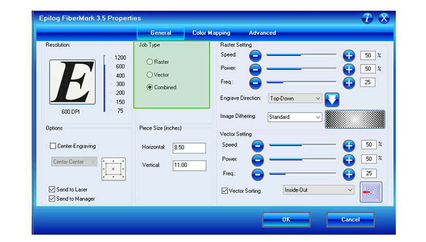 Control wether your job will engrave, cut, or both. The Job Type settings in the Epilog FiberMark print driver.