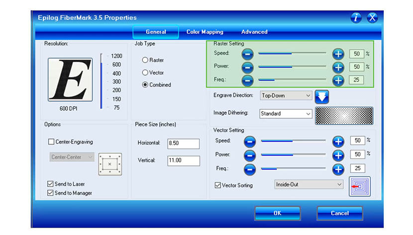 Control your engraving parameters with the Raster Settings. The Raster Settings in the Epilog FiberMark print driver.