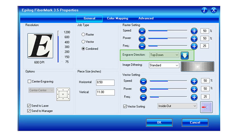 You can control the direction in which the laser engraves. The Engrave Direction setting in the Epilog FiberMark print driver.