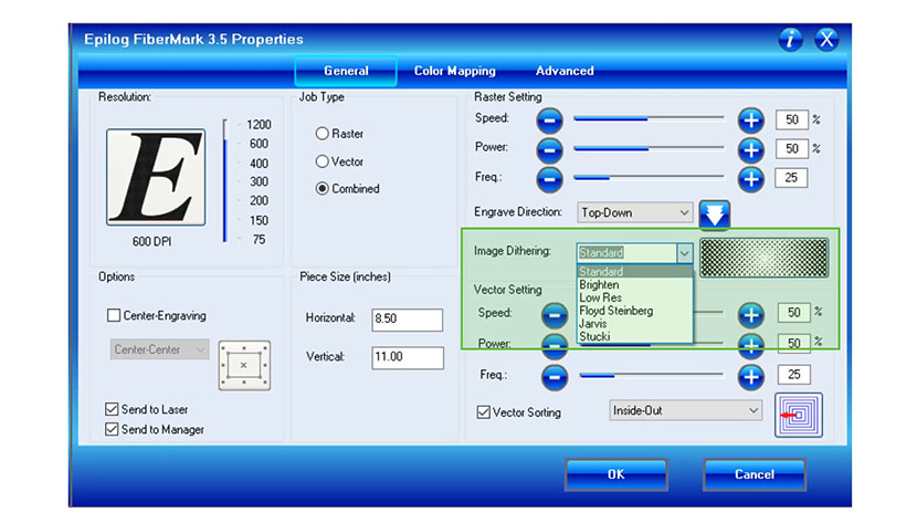 Control the dot pattern of your file with the Image Dithering setting. The Image Dithering setting in the Epilog FiberMark print driver.
