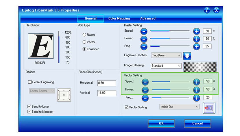 Control your cutting parameters with the Vector Settings. The Vector Settings in the Epilog FiberMark print driver.