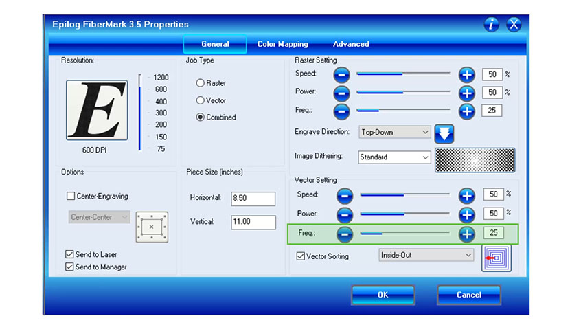 The Vector cutting frequency can be set to a custom value from 1 through 100. The Vector cutting frequency setting in the Epilog FiberMark print driver.