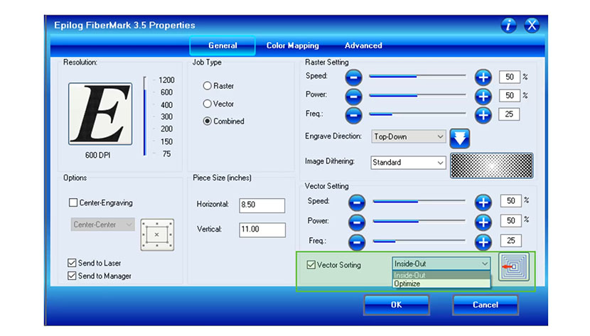 Vector Sorting setting controls the order in which lines in your file are cut. The Vector Sorting setting in the Epilog FiberMark print driver.