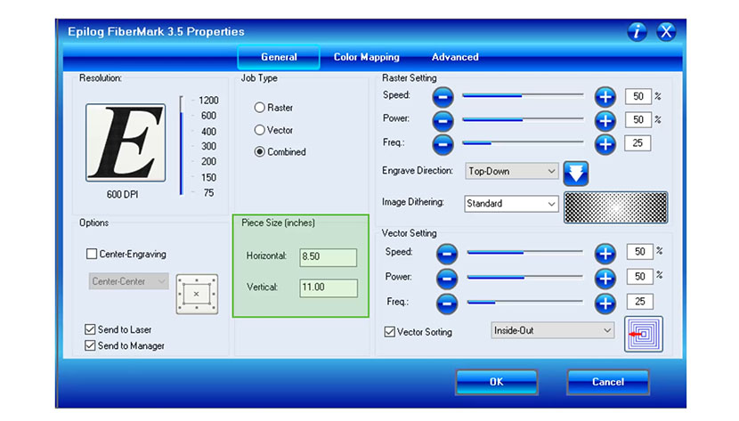 The Piece Size setting is where you will set your piece size to match your design's page size. The Piece Size settings in the Epilog FiberMark print driver.