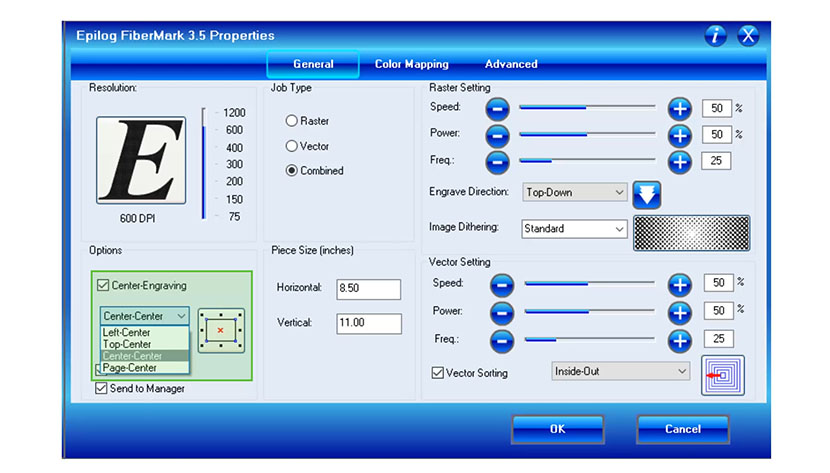 Center-Engraving lets you control the home position while engraving. The Center-Engraving setting in the Epilog FiberMark print driver.