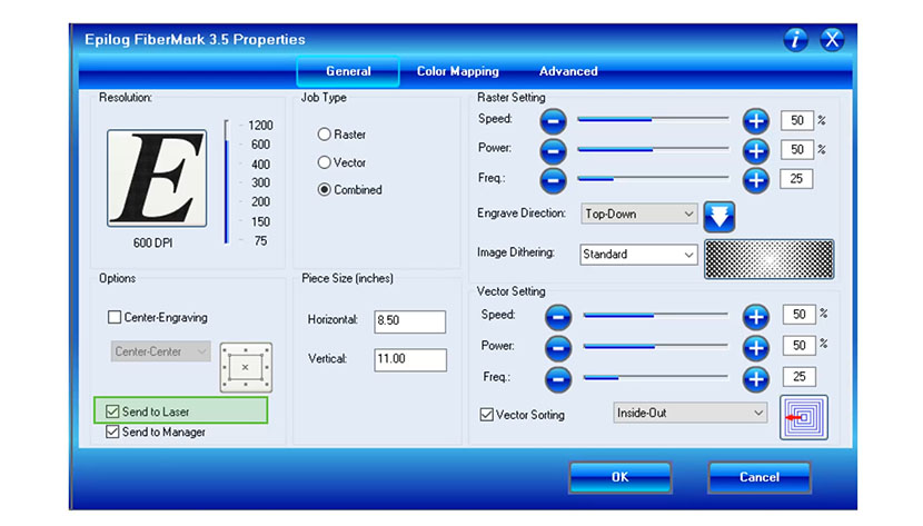 The 'Send to Laser' checkbox ensures the file will be sent to the laser for printing. The 'Send to Laser' setting in the Epilog FiberMark print driver.