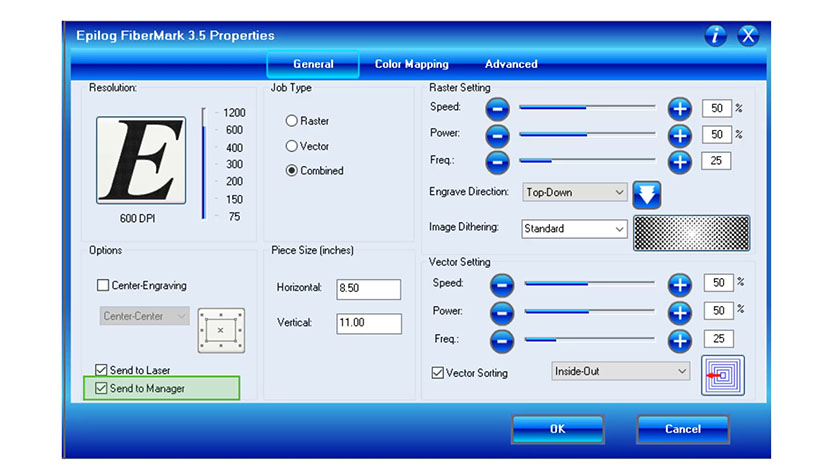 The 'Send to Manager' checkbox ensures the file will be sent to the Epilog Job Manager. The 'Send to Manager' setting in the Epilog FiberMark print driver.
