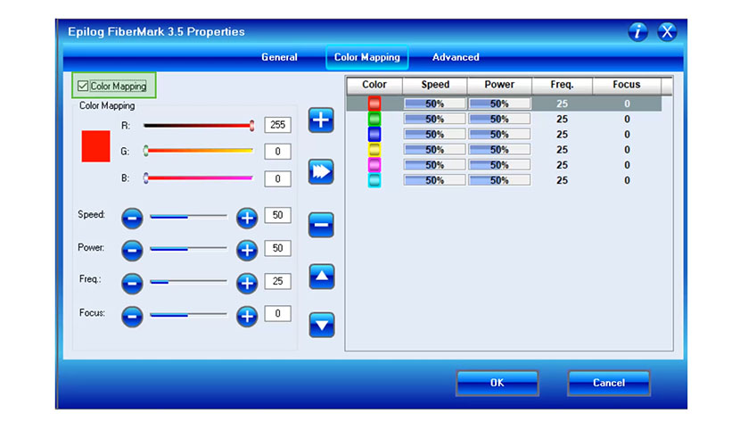 Enable Color Mapping by selecting the checkbox in the Color Mapping tab. The Color Mapping checkbox in the Epilog FiberMark print driver.