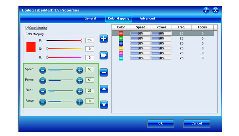 After selecting a color, adjust the laser settings to be associated with it. The laser settings section of the Color Mapping tab in the Epilog FiberMark print driver.