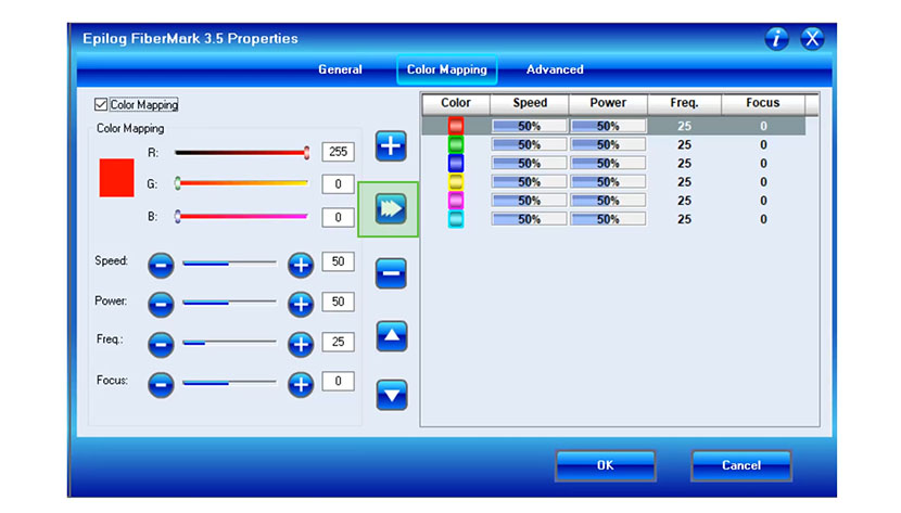 Once settings have been selected, press the right arrow button to save the color. The right arrow button in the Color Mapping tab.