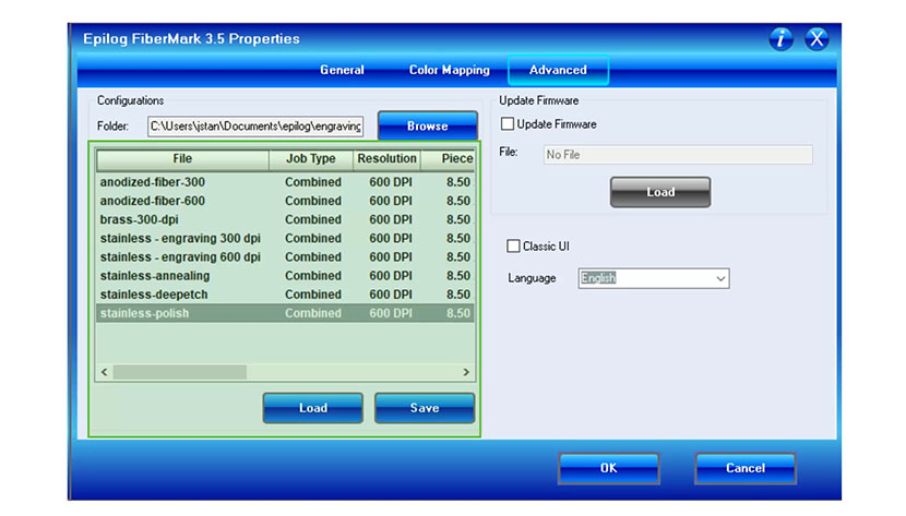 Save and access material and job settings in the Configurations menu. The Configurations settings in the FiberMark print driver.