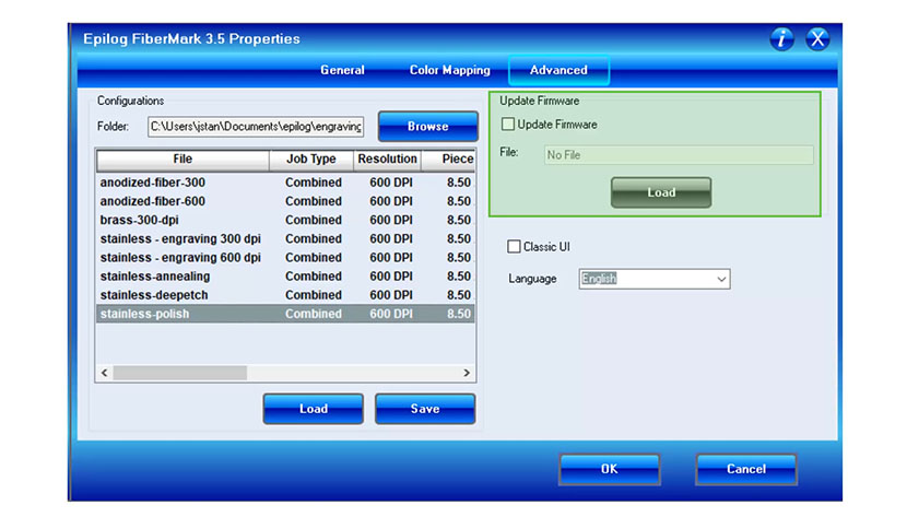 Load new firmware files via the Update Firmware section. The Update Firmware section of the Advanced tab.