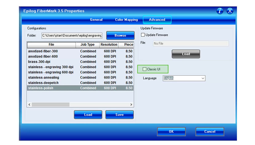 Select the Classic UI checkbox if you prefer the Legacy print driver style. The Classic UI checkbox in the Epilog FiberMark print driver.