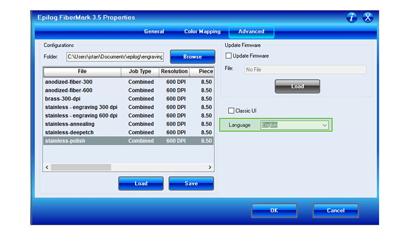 Choose your print driver language via the Language drop-down. The Language drop-down in the Advanced tab.