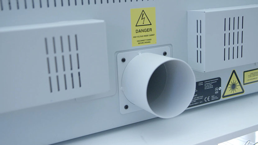 The exhaust plenum is where you attach a filtration system or exhaust fan. The exhaust plenum on the back of the machine.