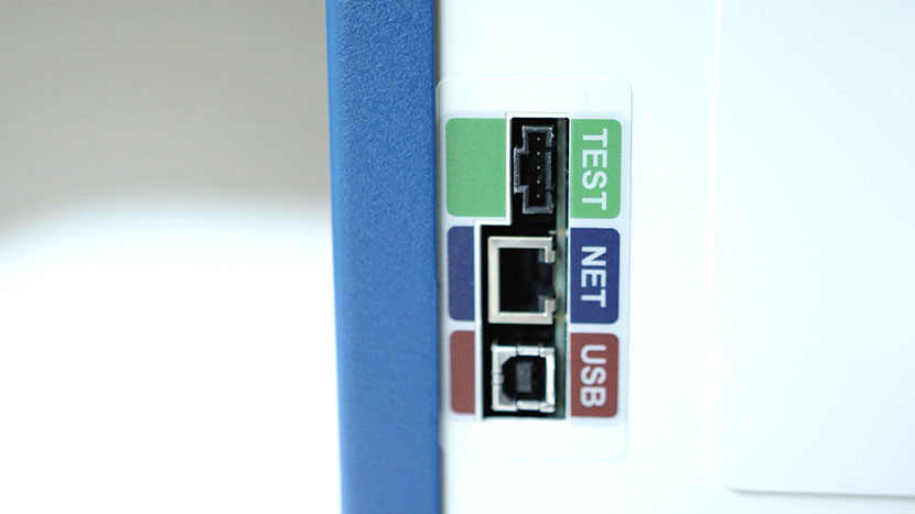 The Mini/Helix features auxiliary, Ethernet, and USB ports. Close-up of the computer connection ports.