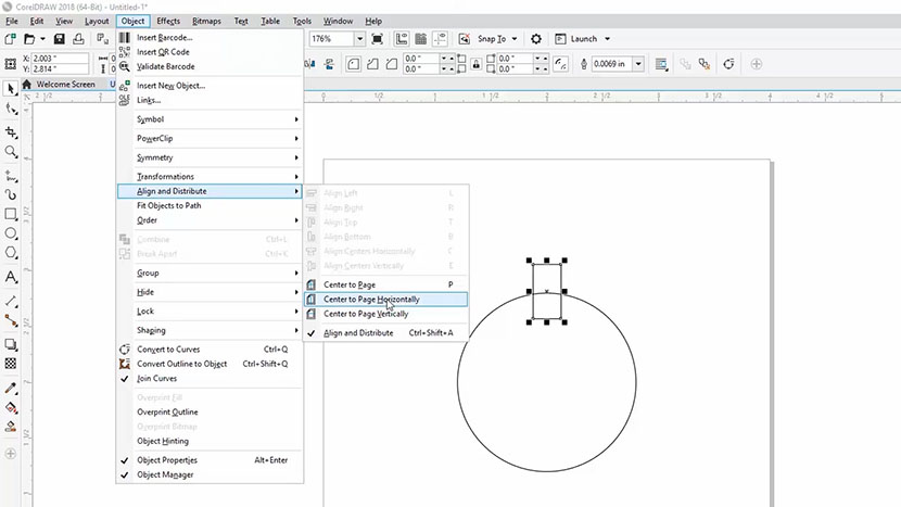 The Object > Align and Distribute menu in CorelDRAW.