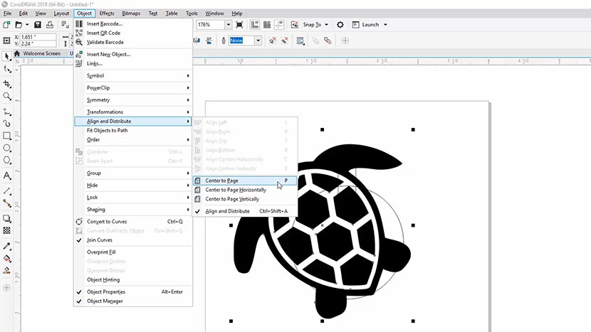 The Object > Align and Distribute drop-down menu in CorelDRAW.