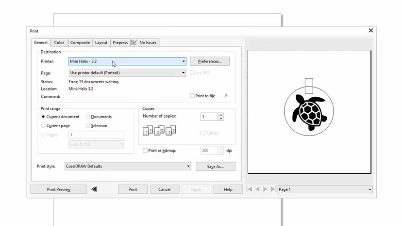 Selecting the Fusion from the Print dialog in CorelDRAW.