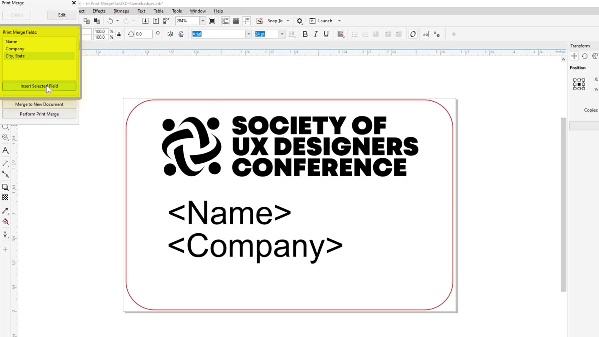 Select Insert Selected Field for each column for print merge