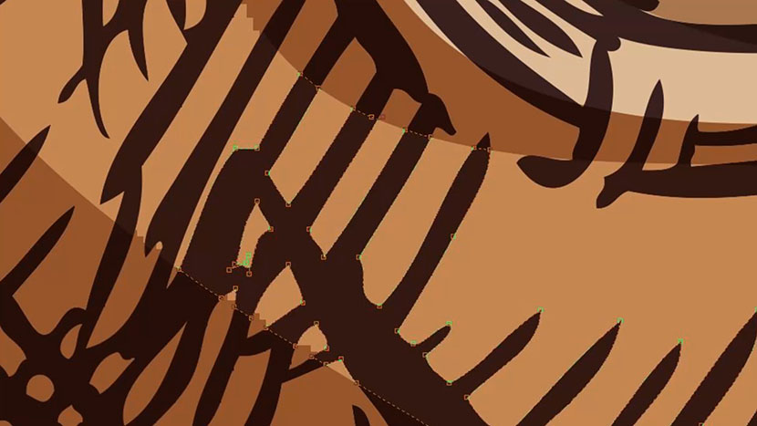 Each line and fill within the vector graphic can be selected and changed. Close-up of a vector graphic, with lines selected.