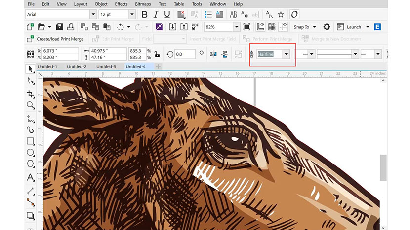 A line set to 'Hairline' thickness within CorelDRAW will be cut by the laser. A vector graphic in CorelDRAW with the selected line's thickness set to 'Hairline.'
