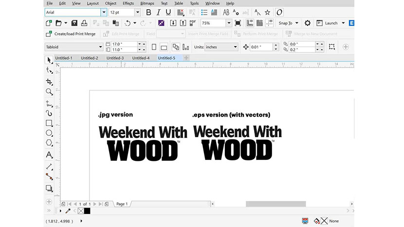 Let's look at the visible differences between a .jpg file and a .eps file. A .jpg and an .eps graphic open in CorelDRAW.