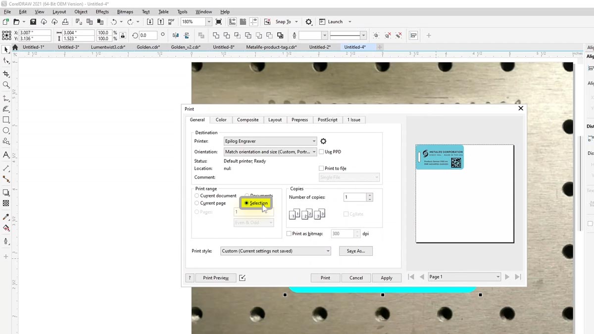 Print as Selection only Print the file to the laser as Selection only