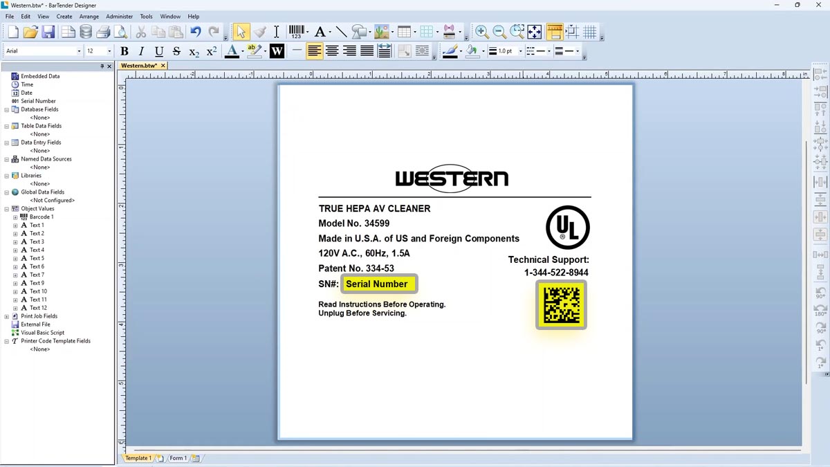 Two Pieces of Data The serial number field and a scannable barcode with the serial number as variable data