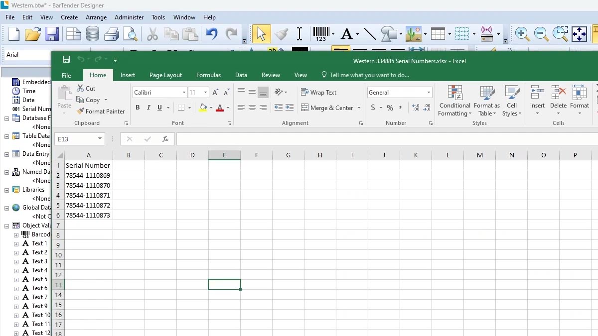 Excel File with Serial Numbers excel file with a list of serial numbers to be engraved (variable data)