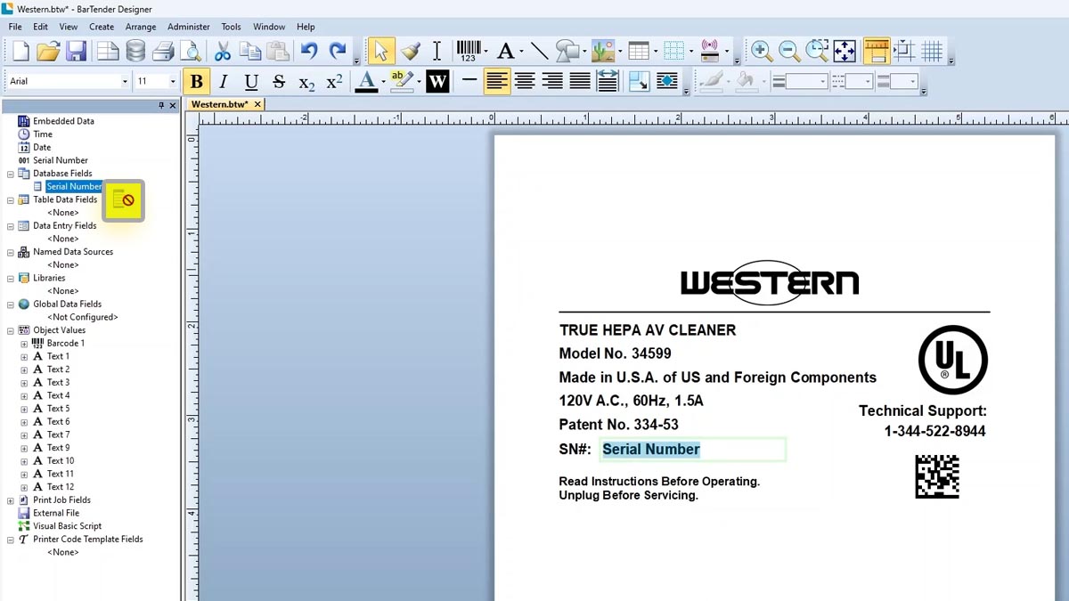 Click and Drag Click and drag the database field to serial number field