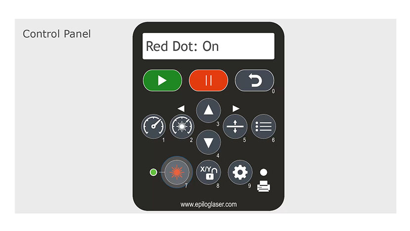 The Red Dot pointer button toggles the red dot pointer, which shows where the laser will fire. The Red Dot pointer displayed as 'On' in the control panel.