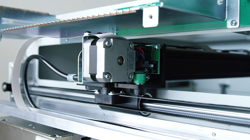 The X-Motor is positioned where the X-Axis Assembly rests on the Y-Axis rail. Close-up of the Y-Axis and X-Motor.