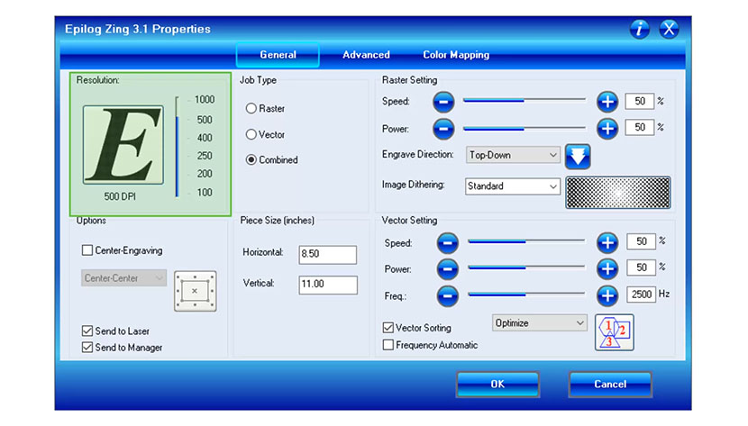 The Resolution settings control your engraving DPI. The Resolution settings in the Epilog Fusion print driver.