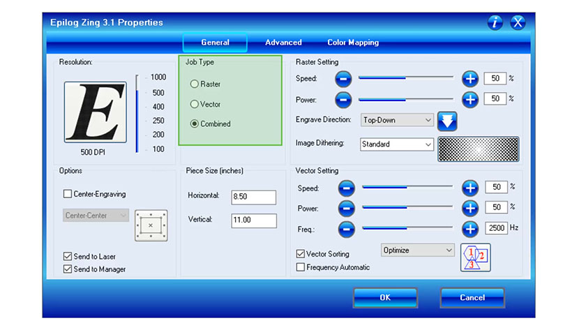 Control wether your job will engrave, cut, or both. The Job Type settings in the Epilog Zing print driver.