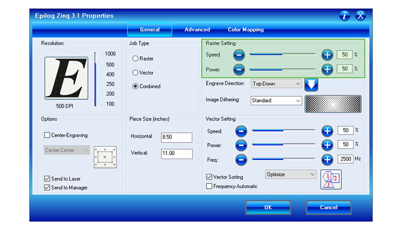 Control your engraving parameters with the Raster Settings. The Raster Settings in the Epilog Zing print driver.