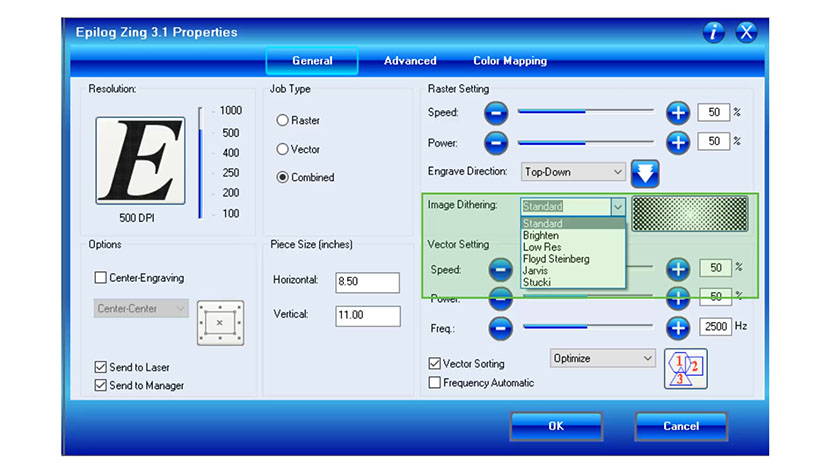 Control the dot pattern of your file with the Image Dithering setting. The Image Dithering setting in the Epilog Zing print driver.