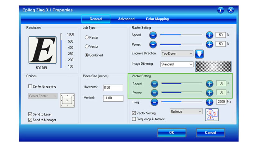 Control your cutting parameters with the Vector Settings. The Vector Settings in the Epilog Zing print driver.