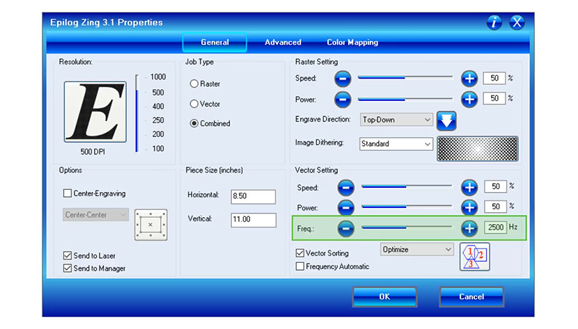 The Vector cutting frequency can be set to a custom value from 1 through 100. The Vector cutting frequency setting in the Epilog Zing print driver.
