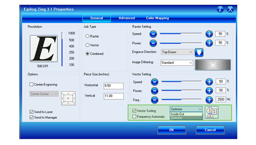 Vector Sorting setting controls the order in which lines in your file are cut. The Vector Sorting setting in the Epilog Zing print driver.
