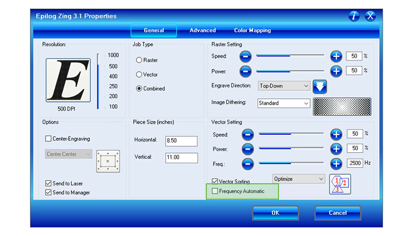 Select Frequency Automatic to automatically set all frequency setting to the full 5000 Hz. The Frequency Automatic checkbox in the Epilog Zing print driver.