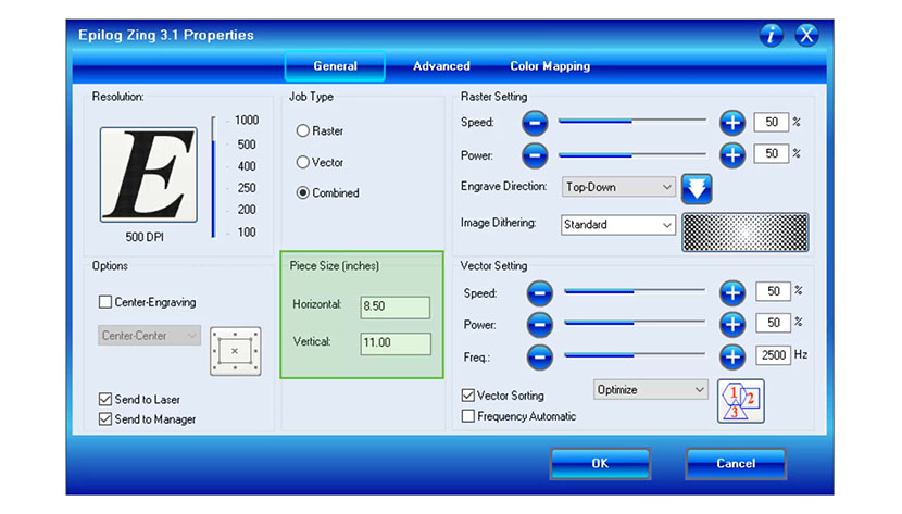 The Piece Size setting is where you will set your piece size to match your design's page size. The Piece Size settings in the Epilog Zing print driver.
