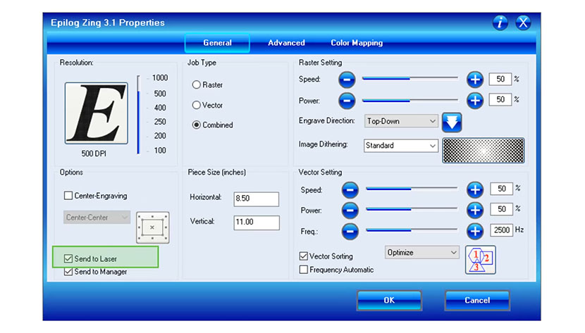 The 'Send to Laser' checkbox ensures the file will be sent to the laser for printing. The 'Send to Laser' setting in the Epilog Zing print driver.