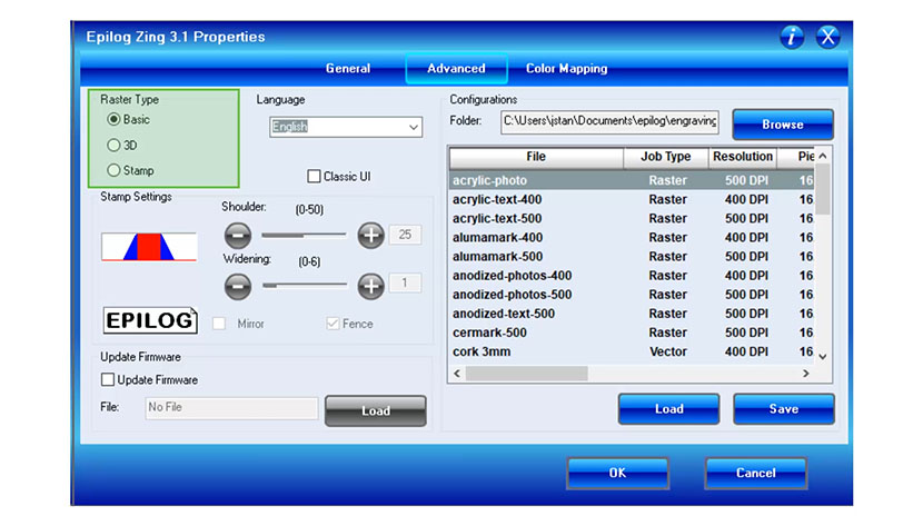 The Basic mode is for most cutting/engraving applications. The Basic Raster Type setting in the Zing print driver.