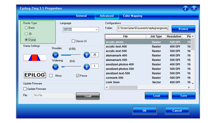 The Stamp mode is optimized for engraving rubber stamps. The Stamp Raster Type setting in the Zing print driver.