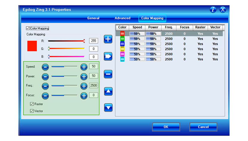 After selecting a color, adjust the laser settings to be associated with it. The laser settings section of the Color Mapping tab in the Epilog Zing print driver.
